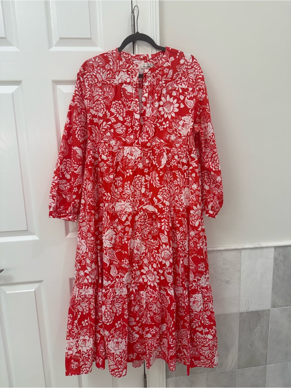Red Floral Maxi Dress with White Floral Pattern — Women's Tiered Maxi